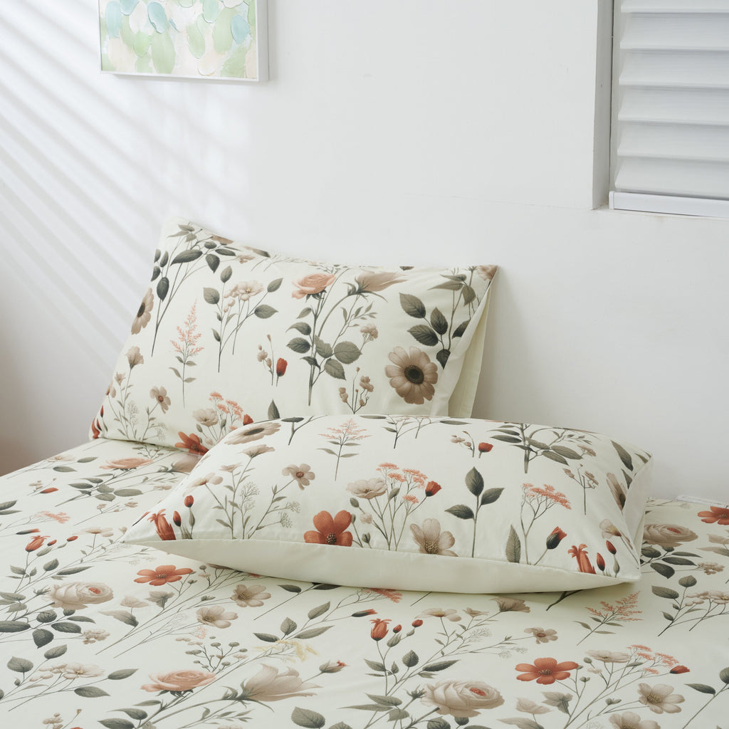 DaDalogy Enchanted Meadow Bed Sheet Set - Floral Harmony in Beige, Rose, and Soft Green, Premium Soft Microfiber, Machine Washable, Deep Pocket 14 - 15 Inches + Flat Sheet