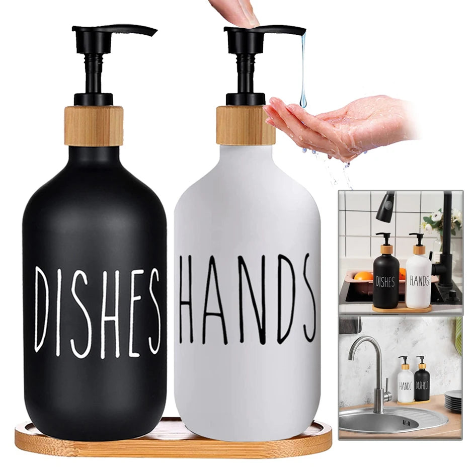 Black Soap Dispenser Bottle Set with Bamboo Pump | Refillable Kitchen & Bathroom Dispensers