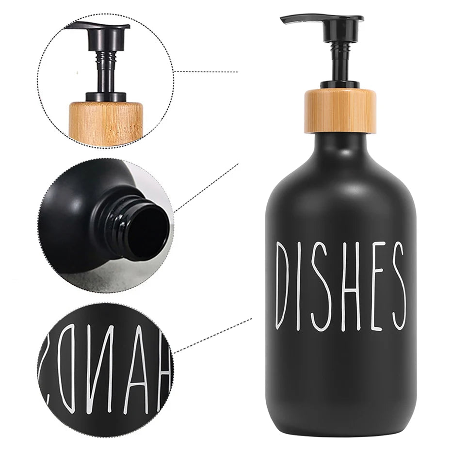 Black Soap Dispenser Bottle Set with Bamboo Pump | Refillable Kitchen & Bathroom Dispensers