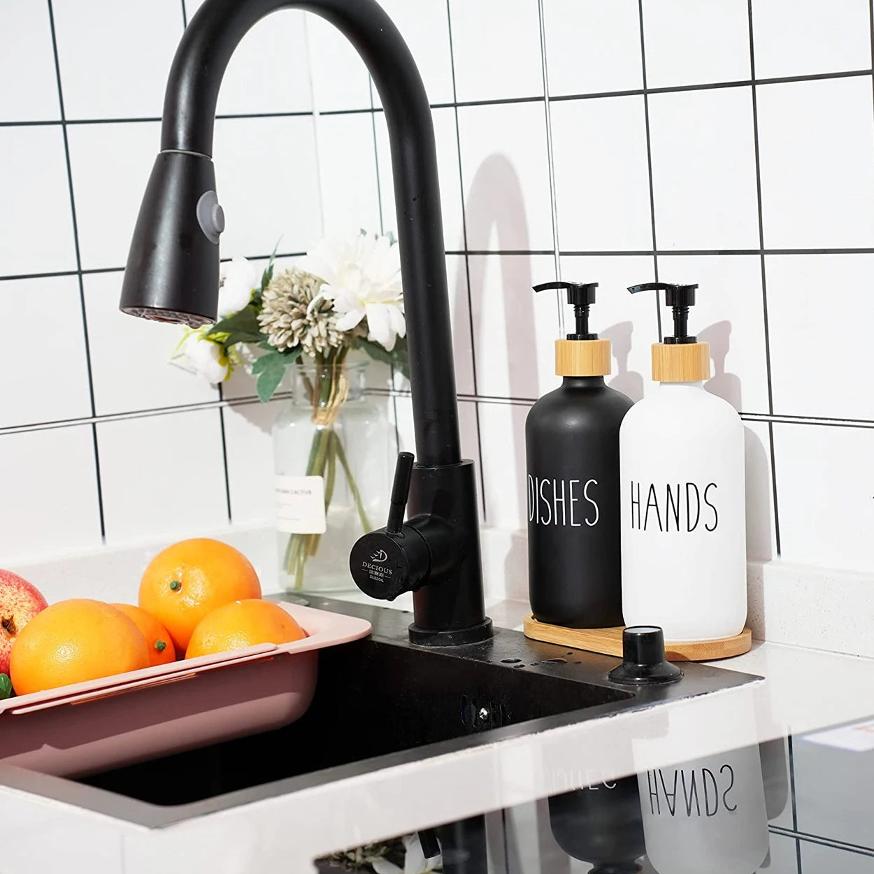 Black Soap Dispenser Bottle Set with Bamboo Pump | Refillable Kitchen & Bathroom Dispensers