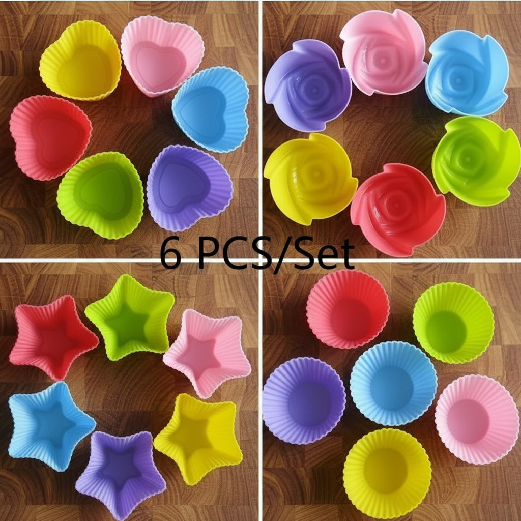 Silicone Cupcake Mold Set – 6-Piece Nonstick Baking Molds (Round, Heart, Star & Flower)
