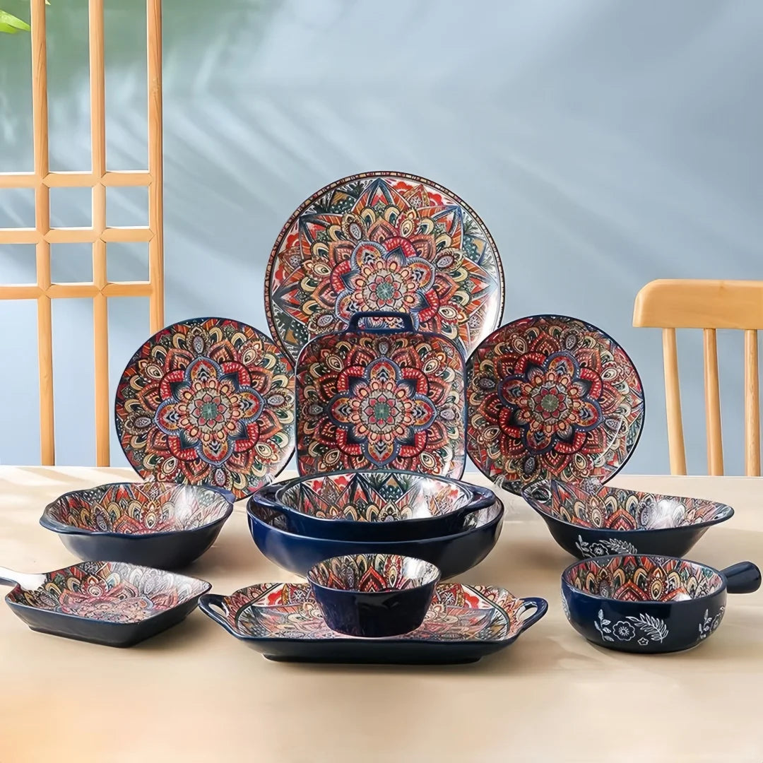 Bohemian Ceramic Dinnerware Set | 8-Piece with Rice Bowl, Soup Basin & Noodle Bowl