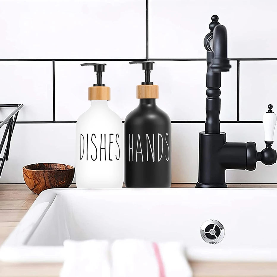 Black Soap Dispenser Bottle Set with Bamboo Pump | Refillable Kitchen & Bathroom Dispensers