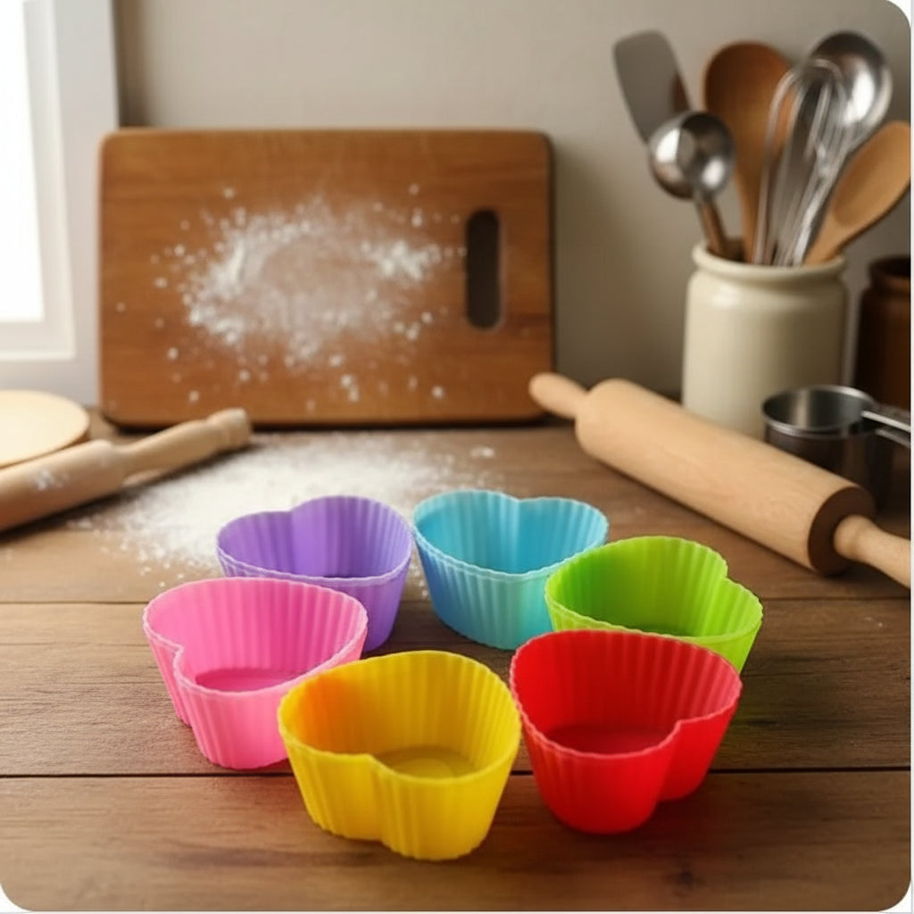 Silicone Cupcake Mold Set – 6-Piece Nonstick Baking Molds (Round, Heart, Star & Flower)
