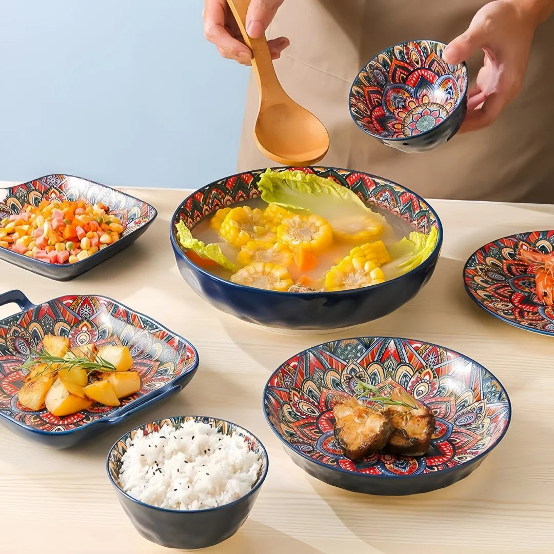 Bohemian Ceramic Dinnerware Set | 8-Piece with Rice Bowl, Soup Basin & Noodle Bowl