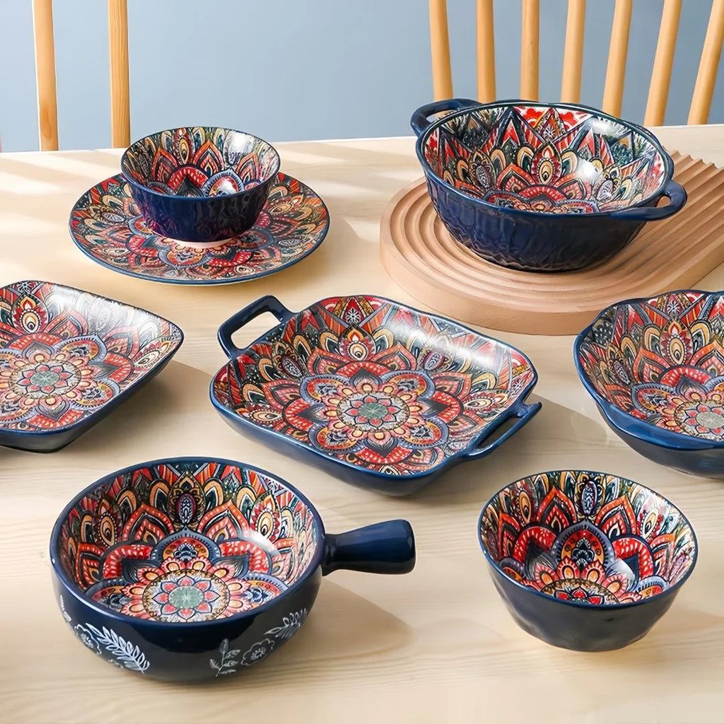 Bohemian Ceramic Dinnerware Set | 8-Piece with Rice Bowl, Soup Basin & Noodle Bowl