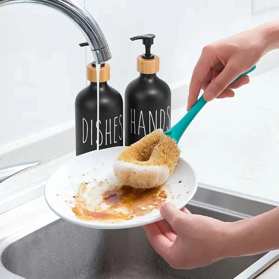 Black Soap Dispenser Bottle Set with Bamboo Pump | Refillable Kitchen & Bathroom Dispensers