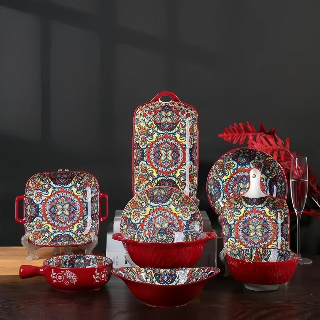 Bohemian Ceramic Dinnerware Set | 8-Piece with Rice Bowl, Soup Basin & Noodle Bowl
