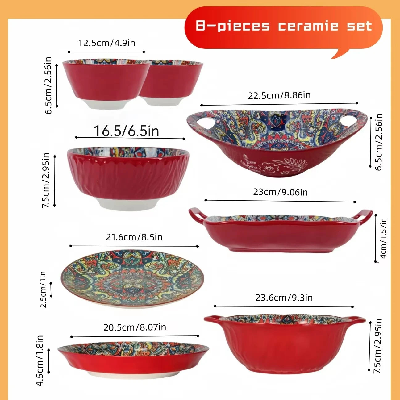 Bohemian Ceramic Dinnerware Set | 8-Piece with Rice Bowl, Soup Basin & Noodle Bowl