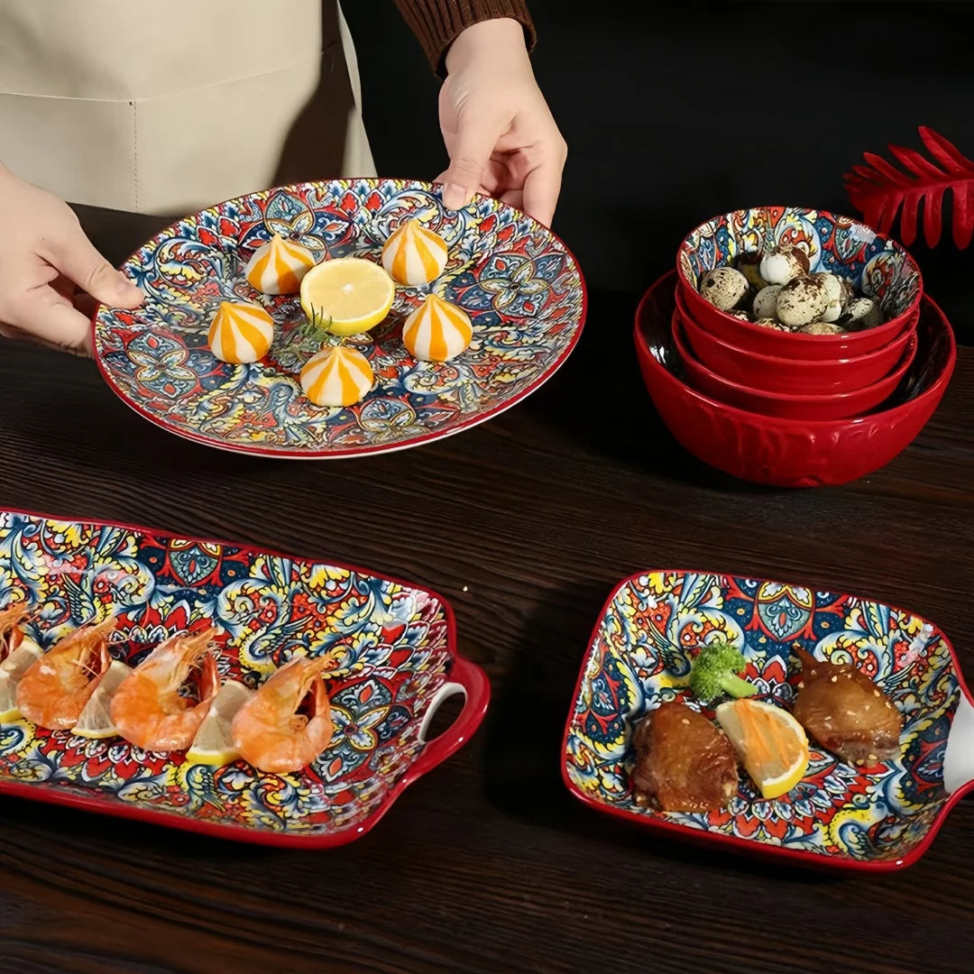 Bohemian Ceramic Dinnerware Set | 8-Piece with Rice Bowl, Soup Basin & Noodle Bowl