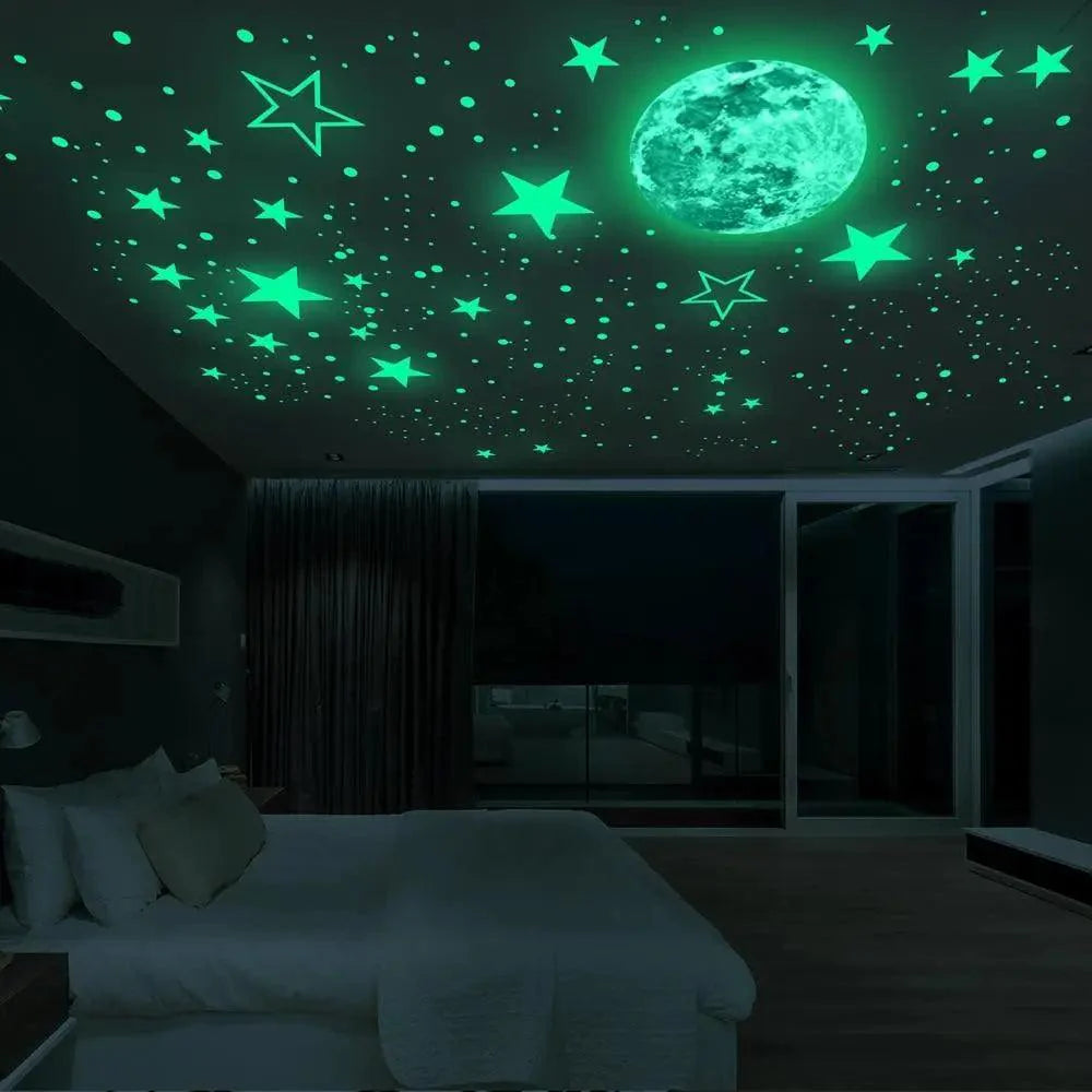 Glow in the Dark Moon & Stars Wall Stickers for Kids Room – Luminous Ceiling Decals