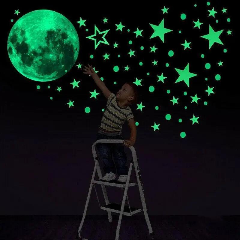 Glow in the Dark Moon & Stars Wall Stickers for Kids Room – Luminous Ceiling Decals