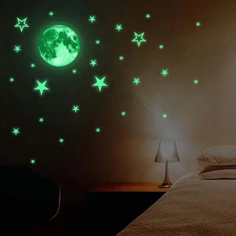 Glow in the Dark Moon & Stars Wall Stickers for Kids Room – Luminous Ceiling Decals