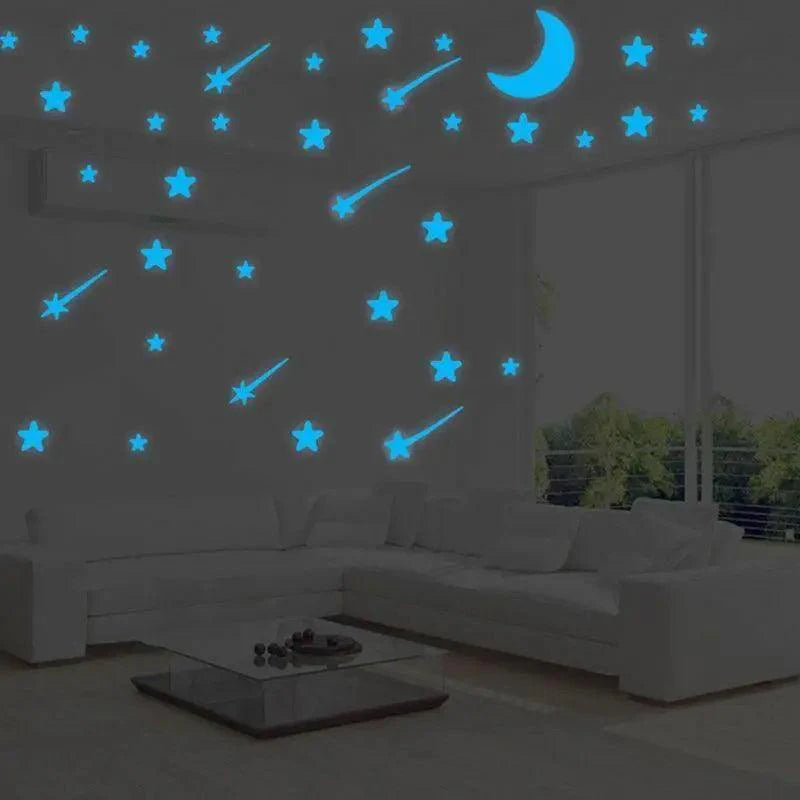 Glow in the Dark Moon & Stars Wall Stickers for Kids Room – Luminous Ceiling Decals