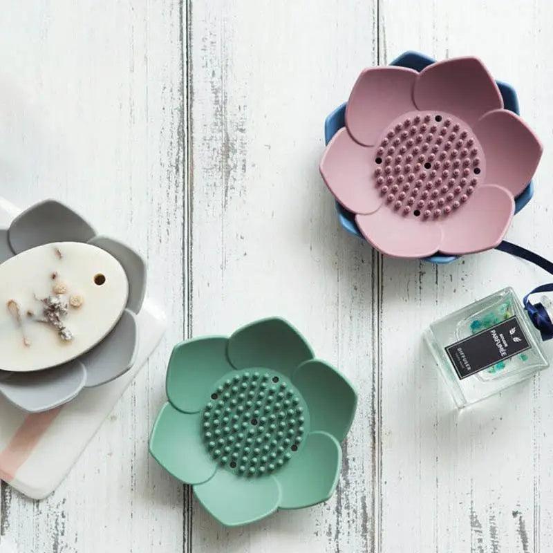 Lotus-Shape Silicone Soap Dish | Self-Draining, Non-Slip, Multi-Use — 9 Colors