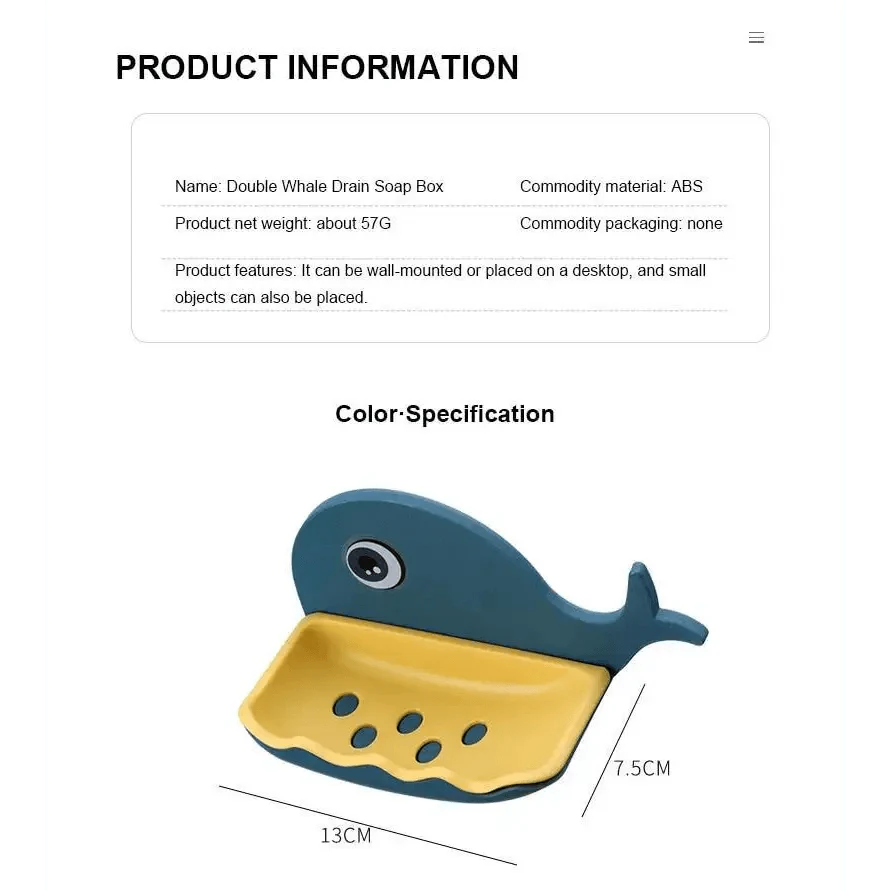 Whale Soap Dish with Suction Cup | No-Drill Wall Mount, Self-Draining — 4 Colors